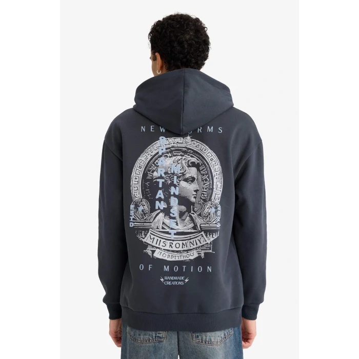 Defacto F2109AXAR206 Antrasit Boxy Fit Kapüşonlu Sırt Baskılı Sweatshirt