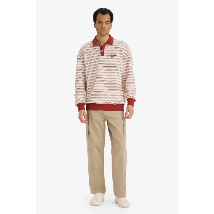 Defacto G7003AXER105 Ekru Boxy Fit Polo Yaka Baskılı Çizgili Sweatshirt