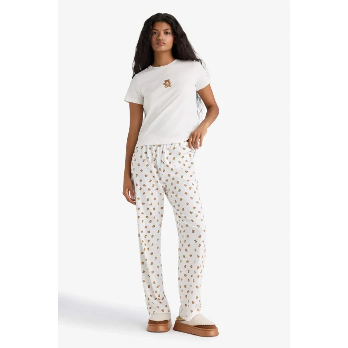 Defacto F9836AXER85 Ekru Pijama Takımı Regular Fit Baskılı Kısa Kollu Üst Desenli Uzun Alt