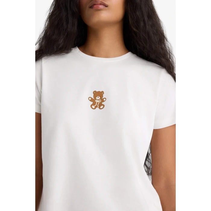 Defacto F9836AXER85 Ekru Pijama Takımı Regular Fit Baskılı Kısa Kollu Üst Desenli Uzun Alt