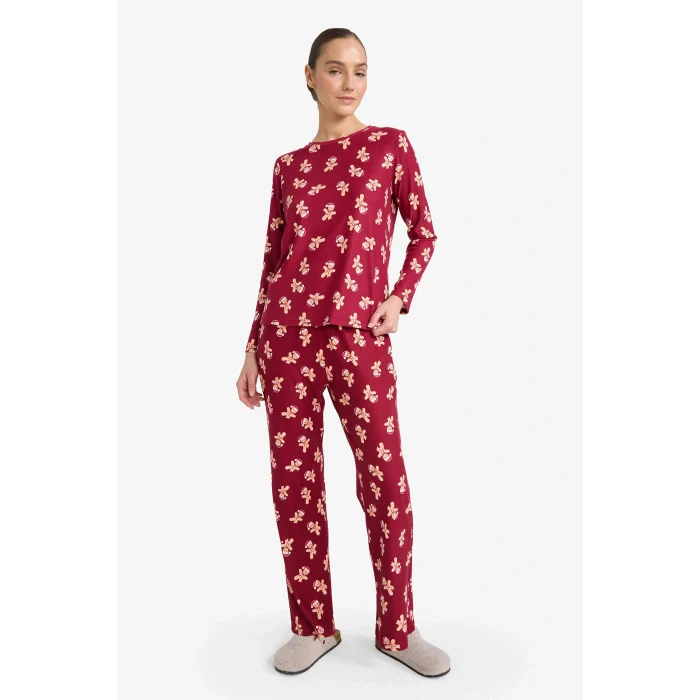 Defacto G5776AXBR205 Bordo Pijama Takımı Regular Fit Desenli Uzun Kollu Üst Uzun Alt