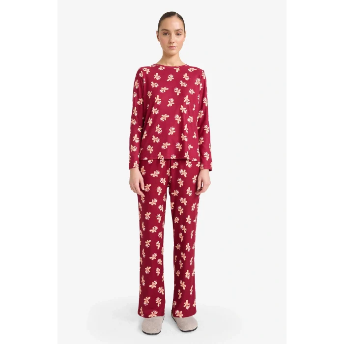 Defacto G5776AXBR205 Bordo Pijama Takımı Regular Fit Desenli Uzun Kollu Üst Uzun Alt