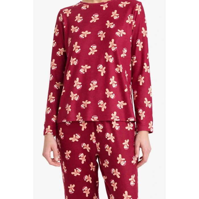 Defacto G5776AXBR205 Bordo Pijama Takımı Regular Fit Desenli Uzun Kollu Üst Uzun Alt