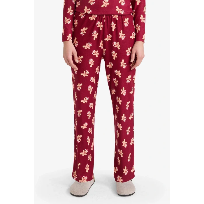 Defacto G5776AXBR205 Bordo Pijama Takımı Regular Fit Desenli Uzun Kollu Üst Uzun Alt