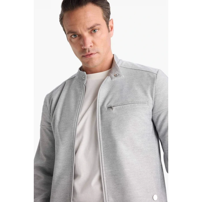 Defacto D7534AXGR221 Gri Slim Fit Dar Kesim Dik Yaka Astarlı Fermuarlı Cepli Mevsimlik Baharlık Mont