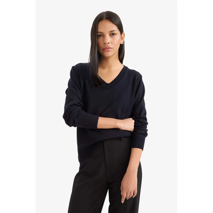 Defacto C4024AXNV146 Lacivert Relax Fit V Yaka Triko Kazak