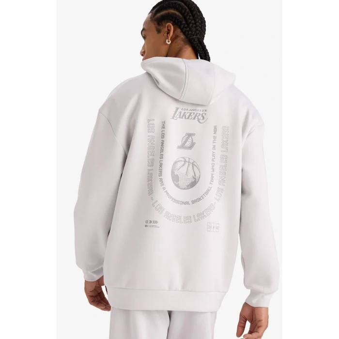 Defacto F3876AXGR519 Gri NBA Los Angeles Lakers Boxy Fit Kapüşonlu Skuba Dalgıç Kumaş Sırt Baskılı Sweatshirt