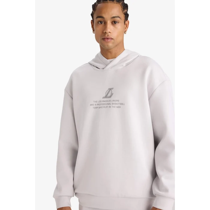 Defacto F3876AXGR519 Gri NBA Los Angeles Lakers Boxy Fit Kapüşonlu Skuba Dalgıç Kumaş Sırt Baskılı Sweatshirt
