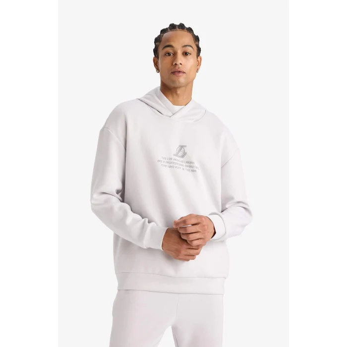 Defacto F3876AXGR519 Gri NBA Los Angeles Lakers Boxy Fit Kapüşonlu Skuba Dalgıç Kumaş Sırt Baskılı Sweatshirt