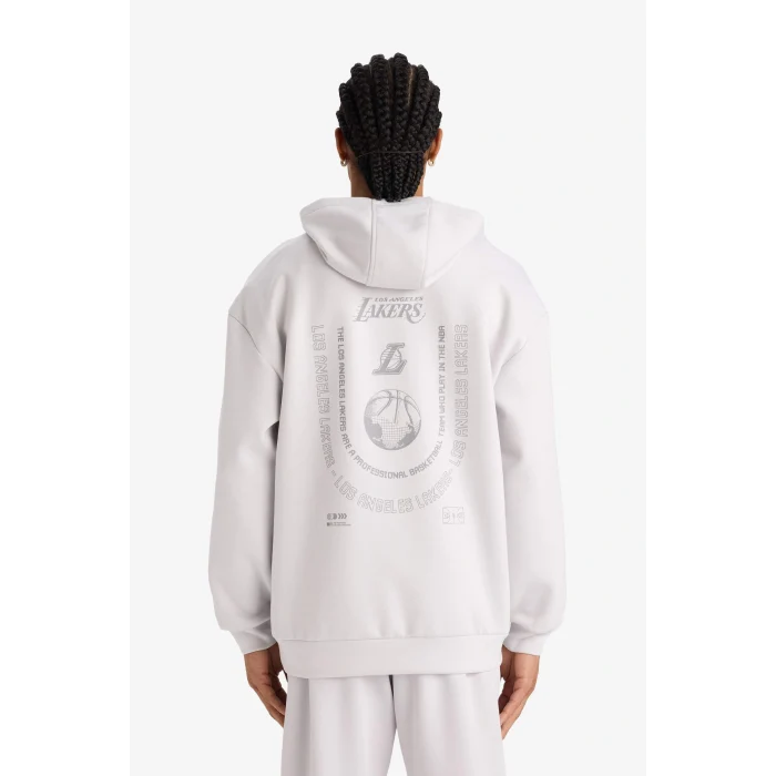 Defacto F3876AXGR519 Gri NBA Los Angeles Lakers Boxy Fit Kapüşonlu Skuba Dalgıç Kumaş Sırt Baskılı Sweatshirt