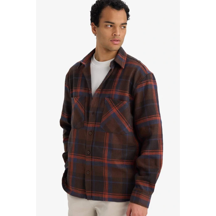 Defacto G2331AXBN339 Kahve Regular Fit Polo Yaka Kareli Flanel Uzun Kollu Gömlek