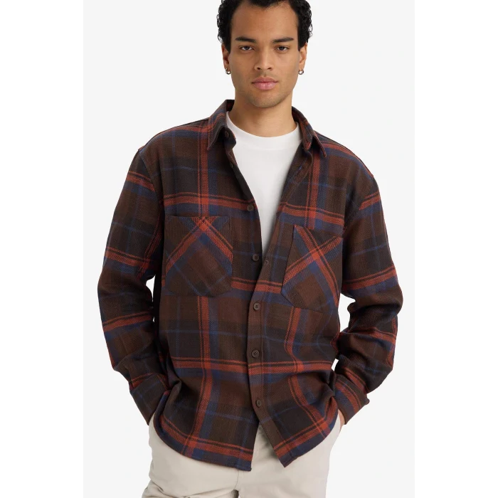 Defacto G2331AXBN339 Kahve Regular Fit Polo Yaka Kareli Flanel Uzun Kollu Gömlek