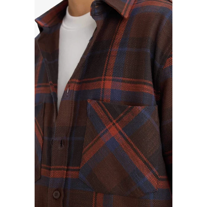 Defacto G2331AXBN339 Kahve Regular Fit Polo Yaka Kareli Flanel Uzun Kollu Gömlek