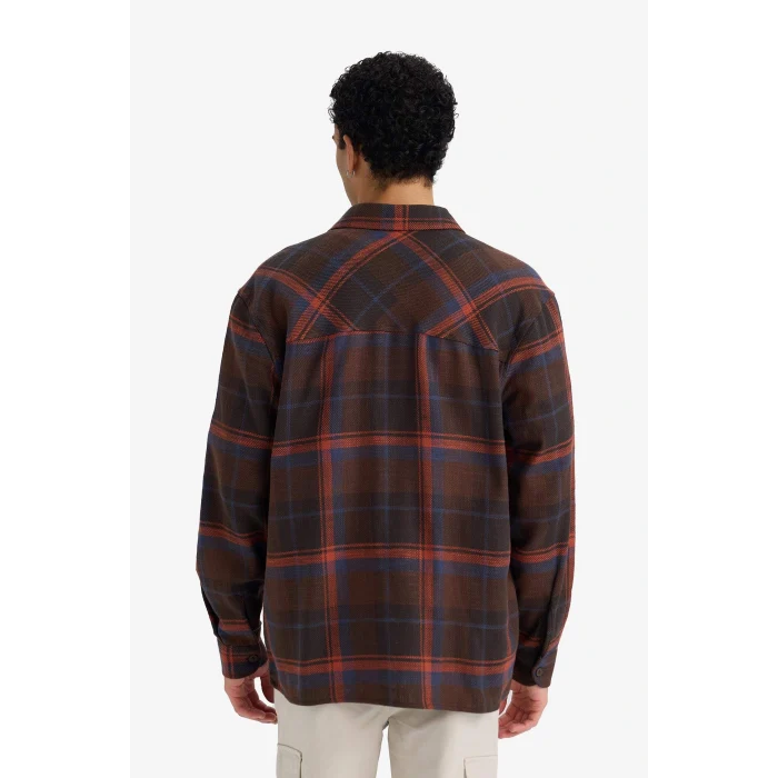 Defacto G2331AXBN339 Kahve Regular Fit Polo Yaka Kareli Flanel Uzun Kollu Gömlek