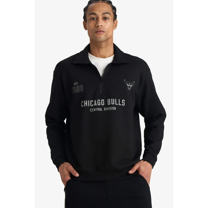 Defacto F5859AXBK81 Siyah NBA Chicago Bulls Relax Fit Polo Yaka Jakarlı Sweatshirt