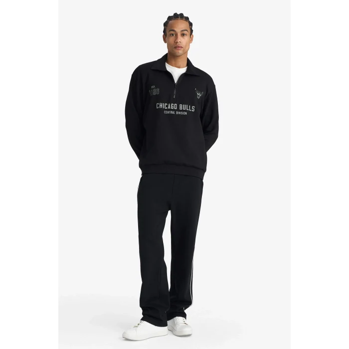 Defacto F5859AXBK81 Siyah NBA Chicago Bulls Relax Fit Polo Yaka Jakarlı Sweatshirt
