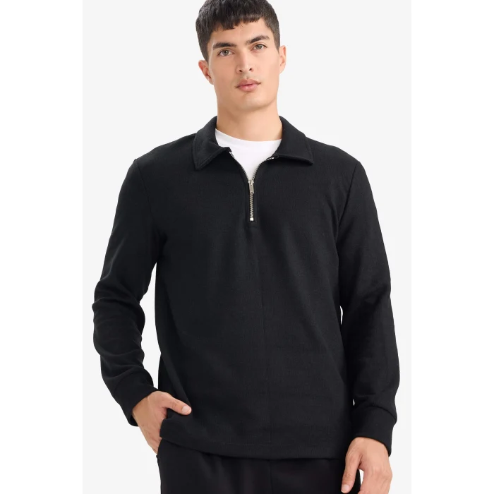 Defacto F2802AXBK81 Siyah Regular Fit Polo Yaka Yarım Fermuarlı Sweatshirt
