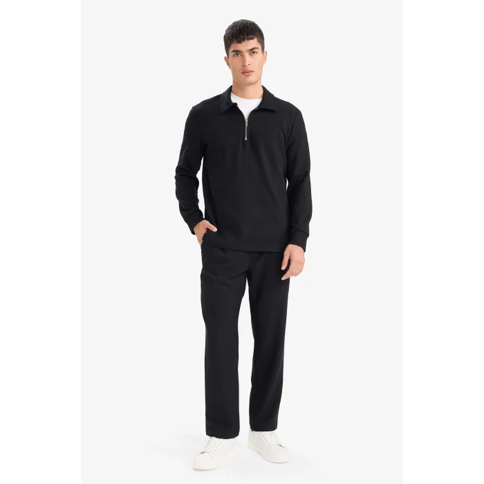 Defacto F2802AXBK81 Siyah Regular Fit Polo Yaka Yarım Fermuarlı Sweatshirt