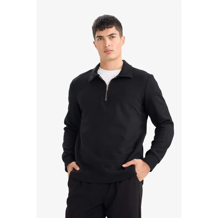 Defacto F2802AXBK81 Siyah Regular Fit Polo Yaka Yarım Fermuarlı Sweatshirt