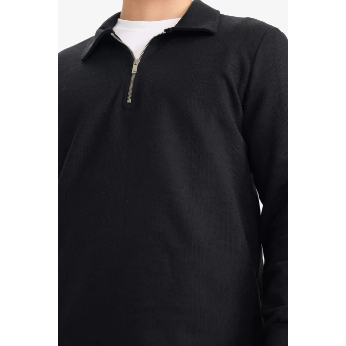 Defacto F2802AXBK81 Siyah Regular Fit Polo Yaka Yarım Fermuarlı Sweatshirt