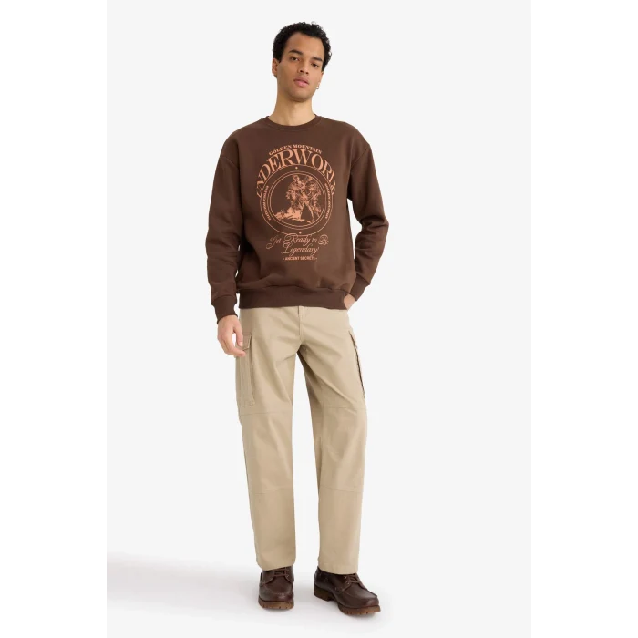 Defacto F2111AXBN539 Kahve Boxy Fit Bisiklet Yaka Baskılı Sweatshirt