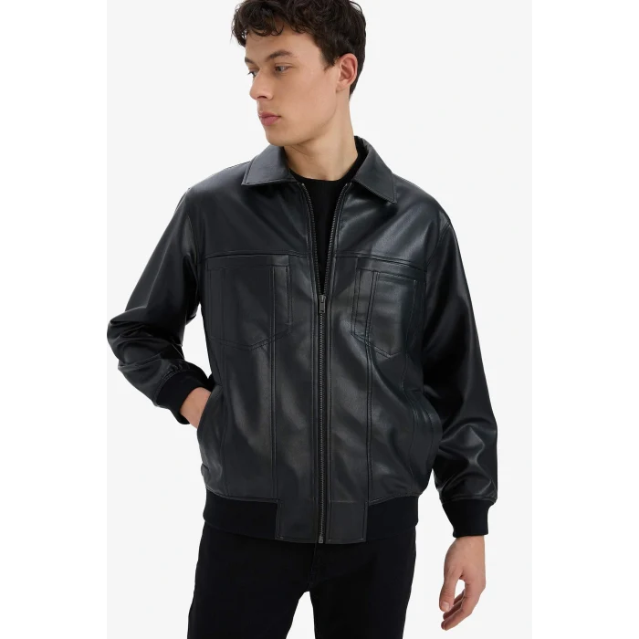 Defacto C5843AXBK27 Siyah Su İtici Regular Fit Gömlek Yaka Fermuarlı İç Cepli Suni Deri Mevsimlik Ceket Mont