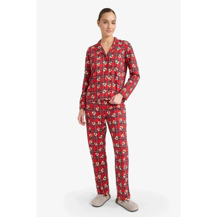 Defacto G7227AXRD256 Kırmızı Pijama Takımı Regular Fit Ayıcık Desenli Kareli Uzun Kollu Üst Uzun Alt