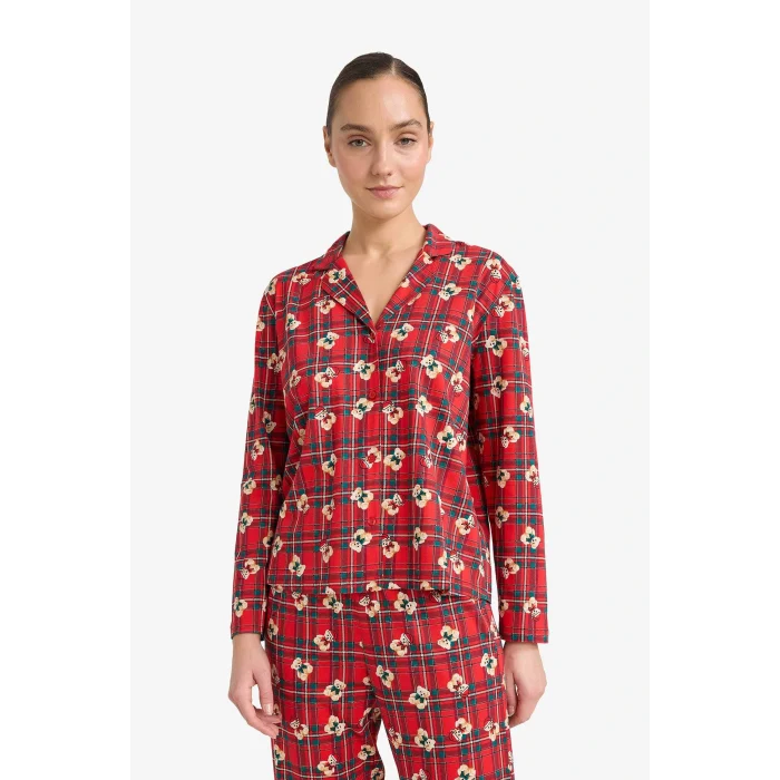 Defacto G7227AXRD256 Kırmızı Pijama Takımı Regular Fit Ayıcık Desenli Kareli Uzun Kollu Üst Uzun Alt