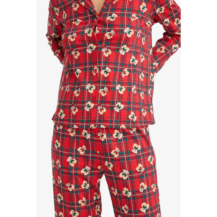 Defacto G7227AXRD256 Kırmızı Pijama Takımı Regular Fit Ayıcık Desenli Kareli Uzun Kollu Üst Uzun Alt