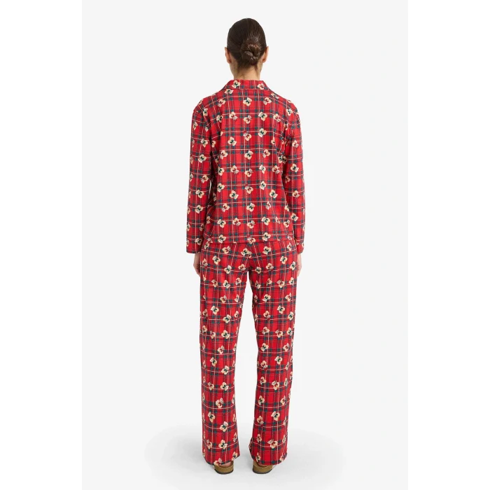 Defacto G7227AXRD256 Kırmızı Pijama Takımı Regular Fit Ayıcık Desenli Kareli Uzun Kollu Üst Uzun Alt