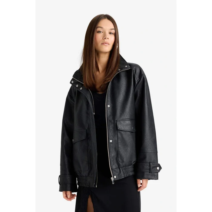 Defacto F5483AXBK27 Siyah Afra x DeFacto Dad Fit Fermuarlı Suni Deri Mont