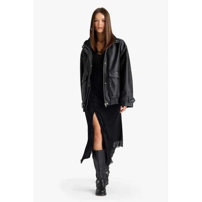 Defacto F5483AXBK27 Siyah Afra x DeFacto Dad Fit Fermuarlı Suni Deri Mont