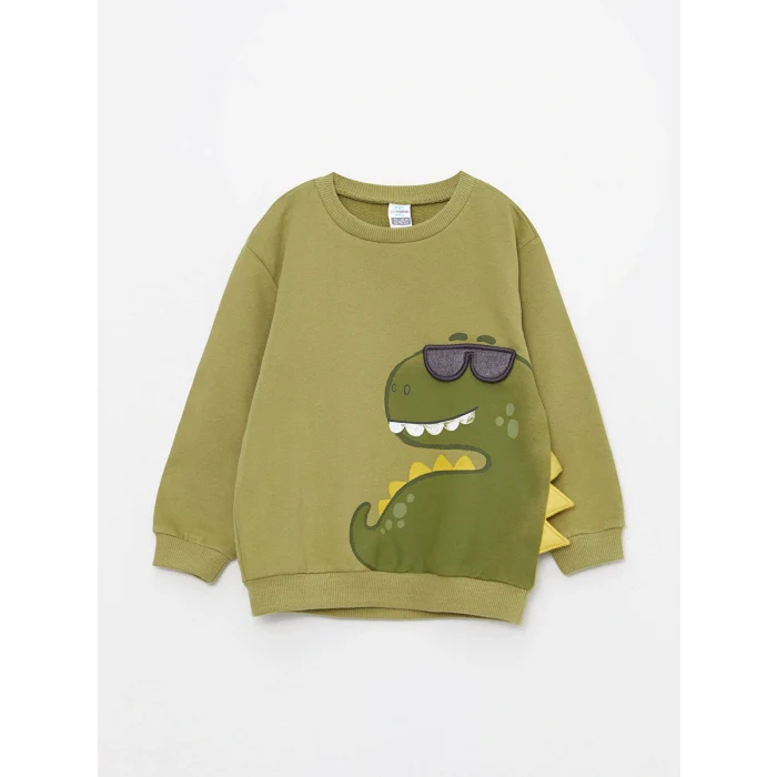 LCW baby Yeşil Bisiklet Yaka Uzun Kollu Baskılı Erkek Bebek Sweatshirt