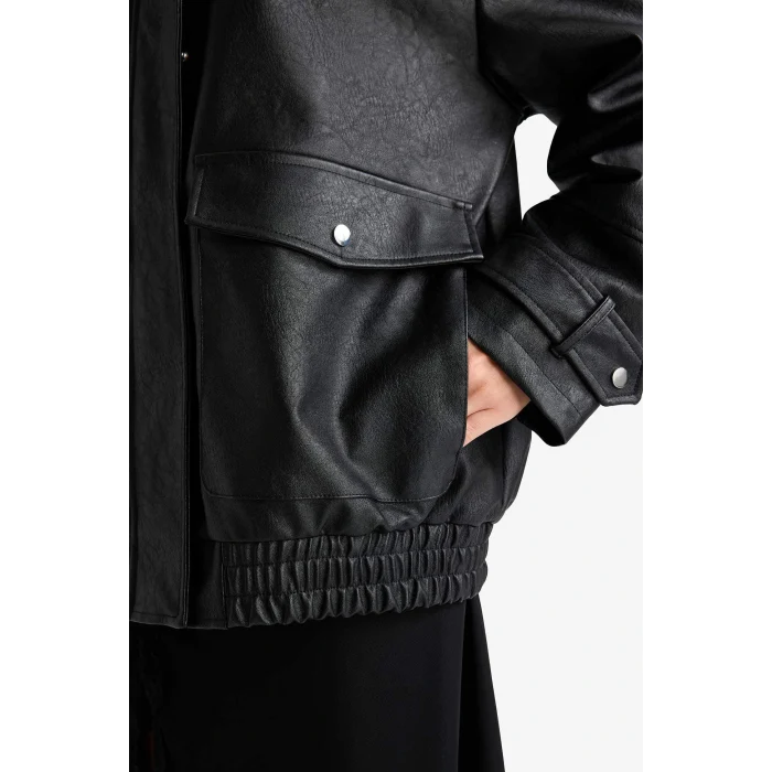 Defacto F5483AXBK27 Siyah Afra x DeFacto Dad Fit Fermuarlı Suni Deri Mont