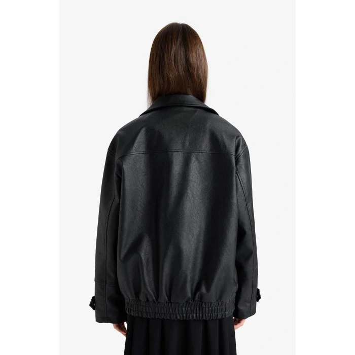 Defacto F5483AXBK27 Siyah Afra x DeFacto Dad Fit Fermuarlı Suni Deri Mont