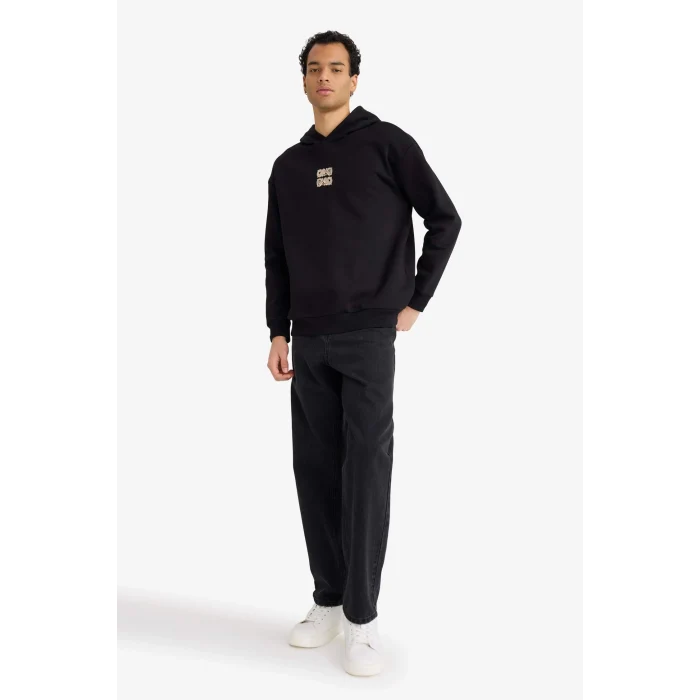 Defacto F2104AXBK81 Siyah Boxy Fit Kapüşonlu Sırt Baskılı Sweatshirt