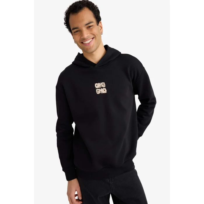 Defacto F2104AXBK81 Siyah Boxy Fit Kapüşonlu Sırt Baskılı Sweatshirt