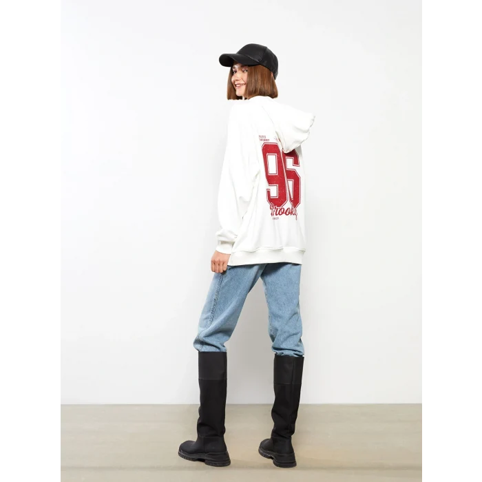 LCW Vision Ekru Kapüşonlu Baskılı Uzun Kollu Kadın Sweatshirt