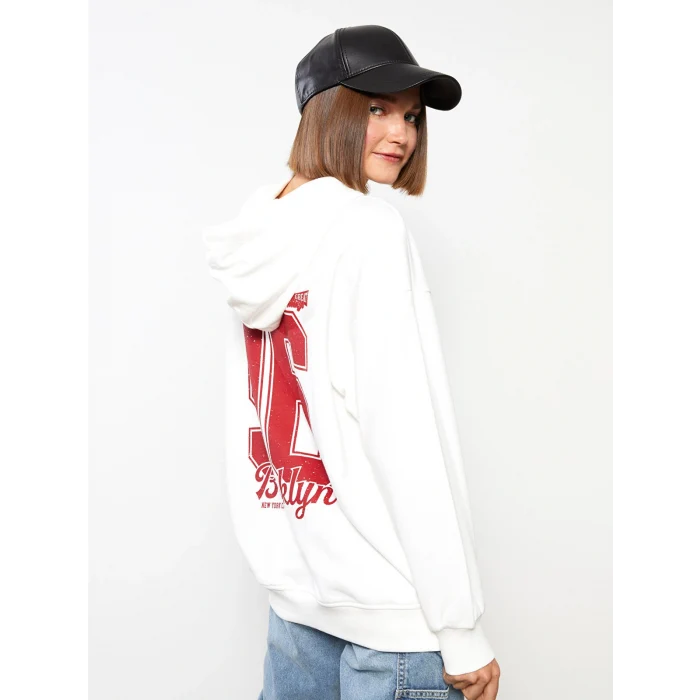 LCW Vision Ekru Kapüşonlu Baskılı Uzun Kollu Kadın Sweatshirt
