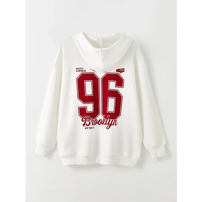 LCW Vision Ekru Kapüşonlu Baskılı Uzun Kollu Kadın Sweatshirt