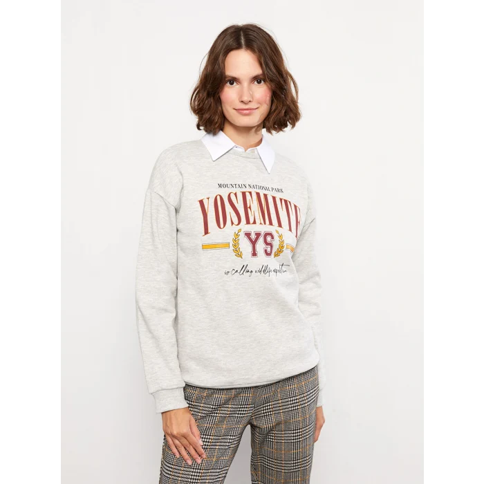 LCW Vision Gri Bisiklet Yaka Baskılı Kadın Kalın Sweatshirt