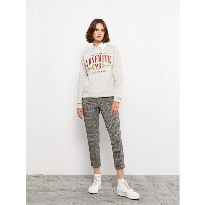 LCW Vision Gri Bisiklet Yaka Baskılı Kadın Kalın Sweatshirt