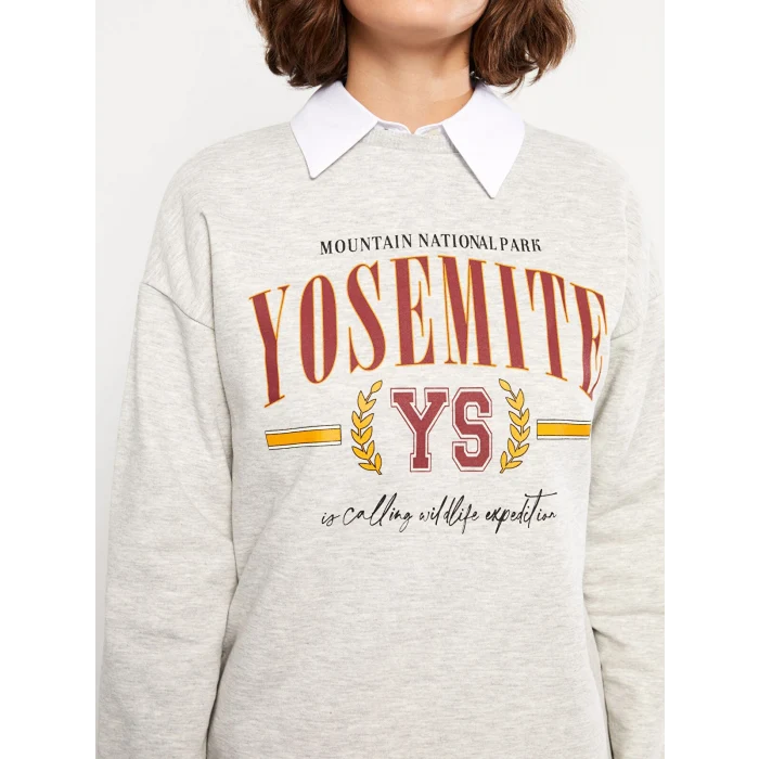 LCW Vision Gri Bisiklet Yaka Baskılı Kadın Kalın Sweatshirt