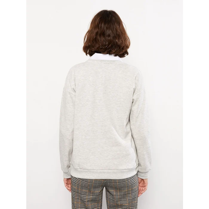 LCW Vision Gri Bisiklet Yaka Baskılı Kadın Kalın Sweatshirt