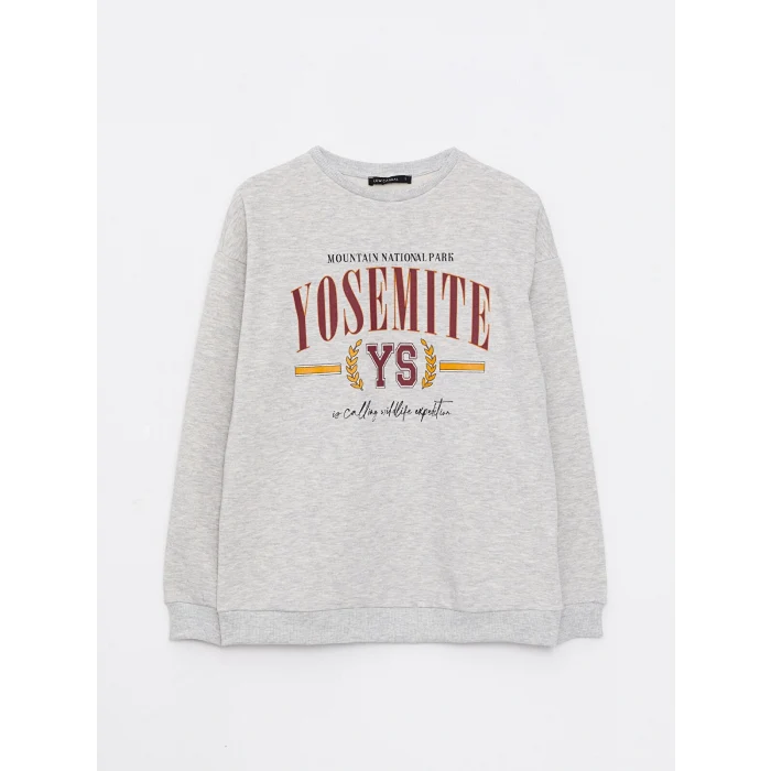 LCW Vision Gri Bisiklet Yaka Baskılı Kadın Kalın Sweatshirt