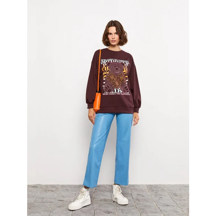 LCW Vision Mürdüm Bisiklet Yaka Baskılı Uzun Kollu Kadın Sweatshirt