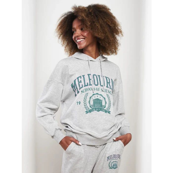 LCW Vision Gri Kapüşonlu Baskılı Uzun Kollu Kadın Sweatshirt