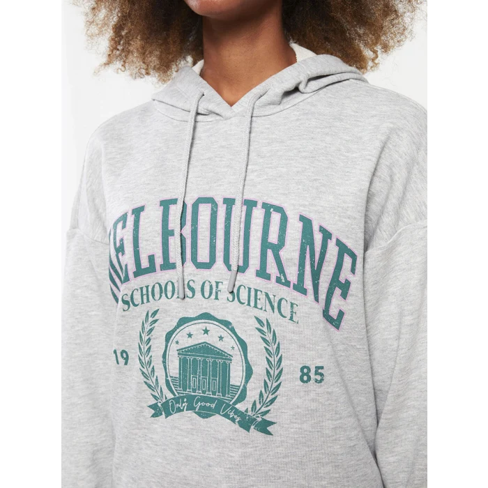 LCW Vision Gri Kapüşonlu Baskılı Uzun Kollu Kadın Sweatshirt