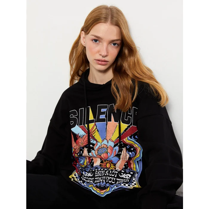 XSIDE Siyah Baskılı Kadın Kalın Hoodie