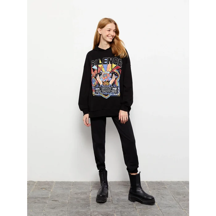XSIDE Siyah Baskılı Kadın Kalın Hoodie